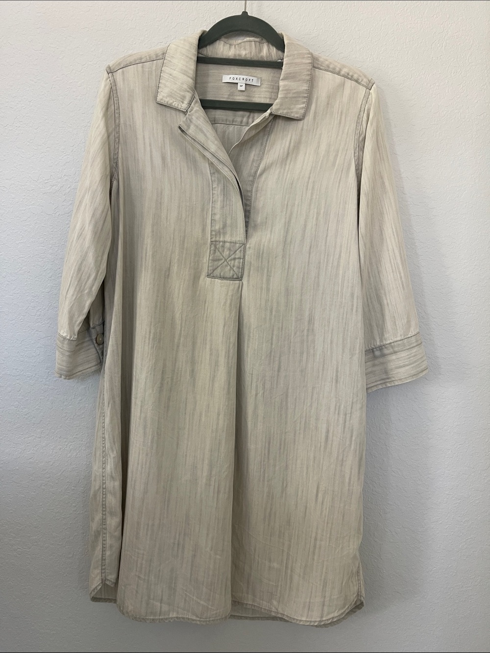 Foxcroft 100% Tencel Lyocell Shirt Dress Light Sage Gray 3/4 Sleeve Petite 6